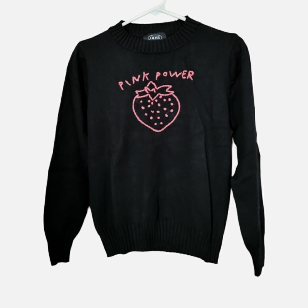 CIDER black embroidered strawberry pink power jumper sweater‎ NWOT S/M